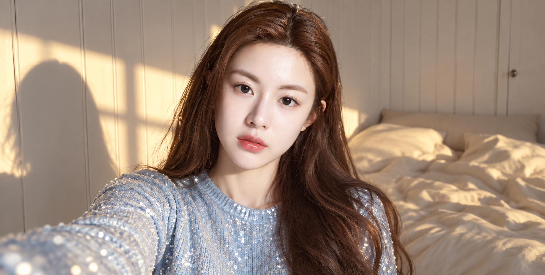 Selfie phòng ngủ sequin xanh nhạt giờ vàng