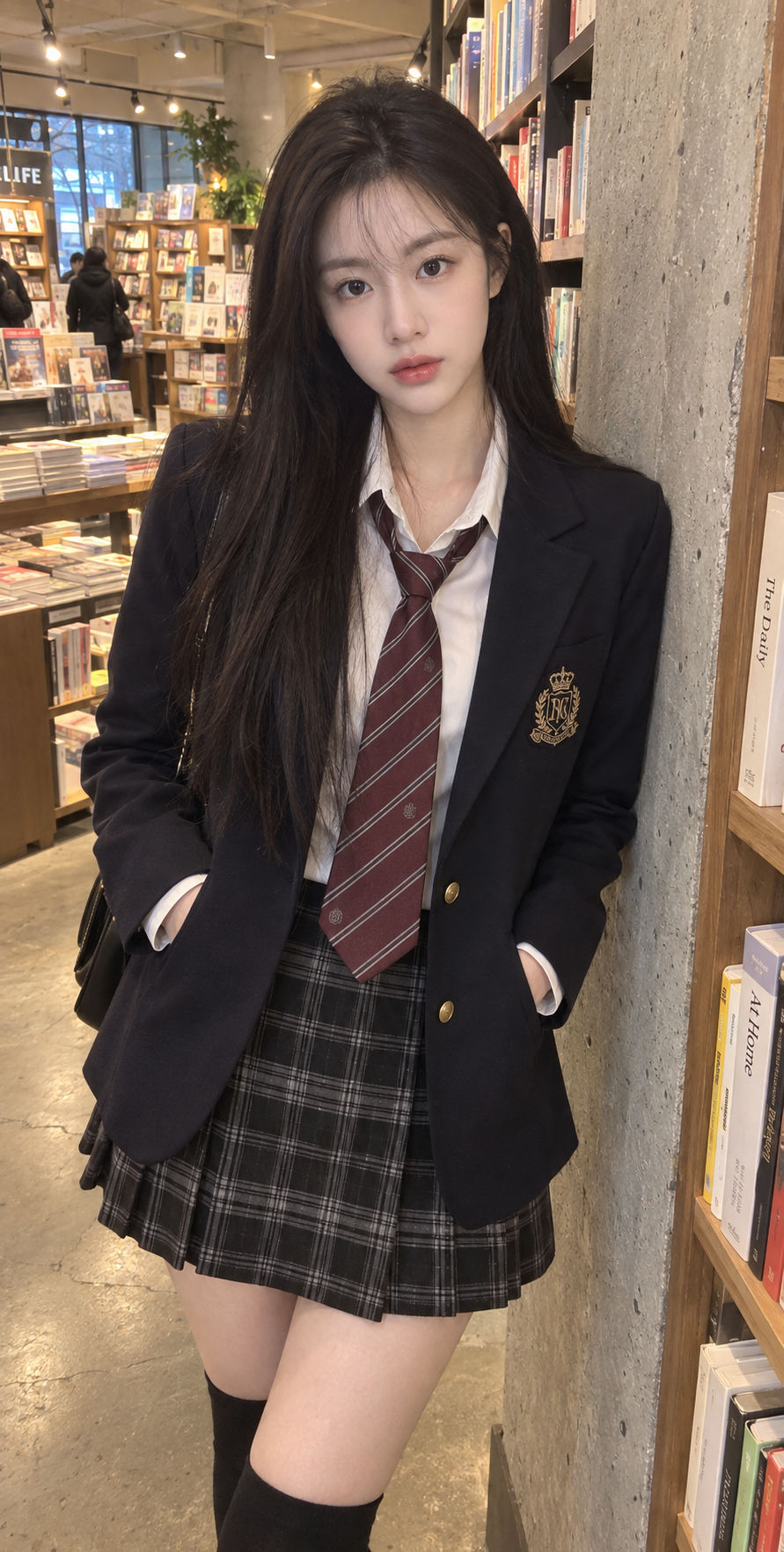 Candid Phone Shot of an East Asian Schoolgirl in a Modern Bookstore