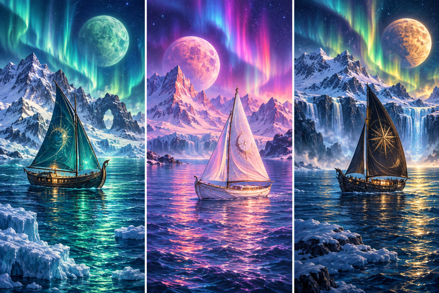Trois voiliers fantastiques sous les montagnes enneigées et l'aurore