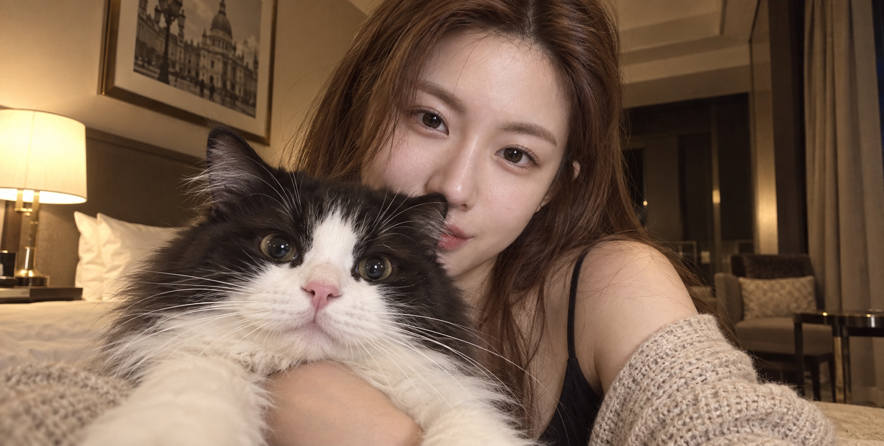 Selfie décontracté à l'hôtel d'une fille de style japonais tenant un chat noir et blanc