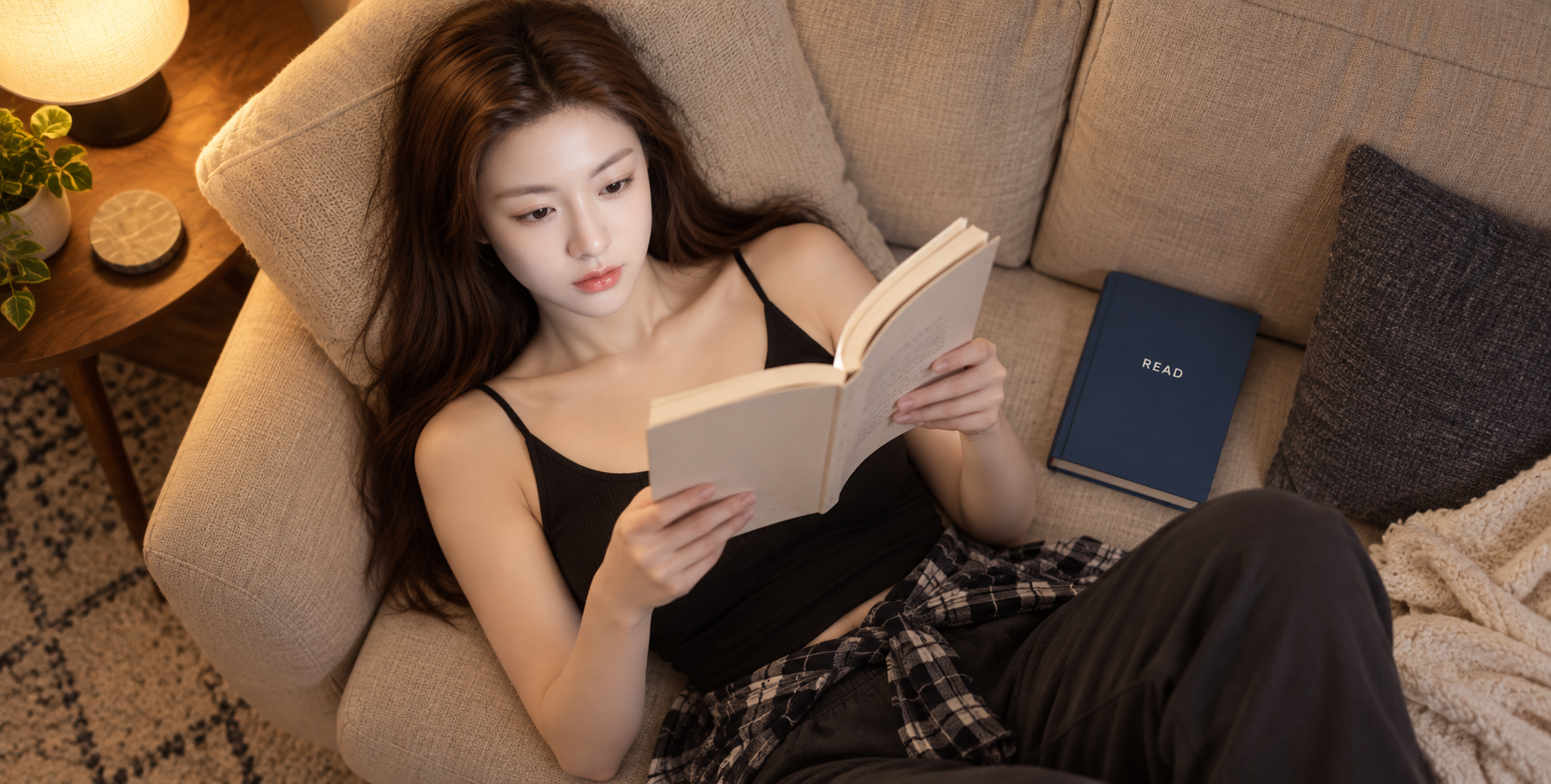 暖色の俯瞰でベージュのソファにくつろぐ読書時間