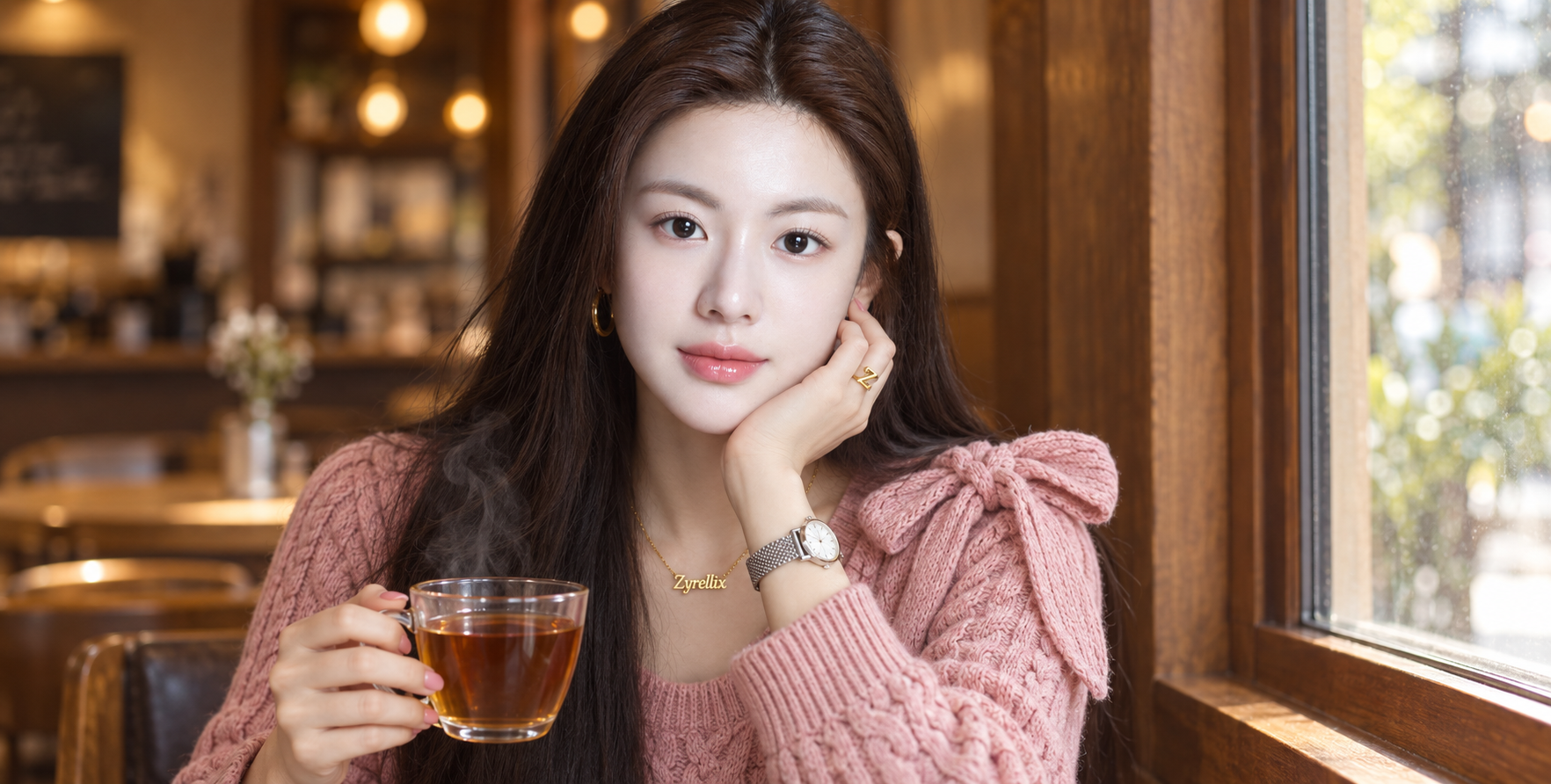 Portrait rapproché d'une femme d'Asie de l'Est en pull rose près de la fenêtre d'un café