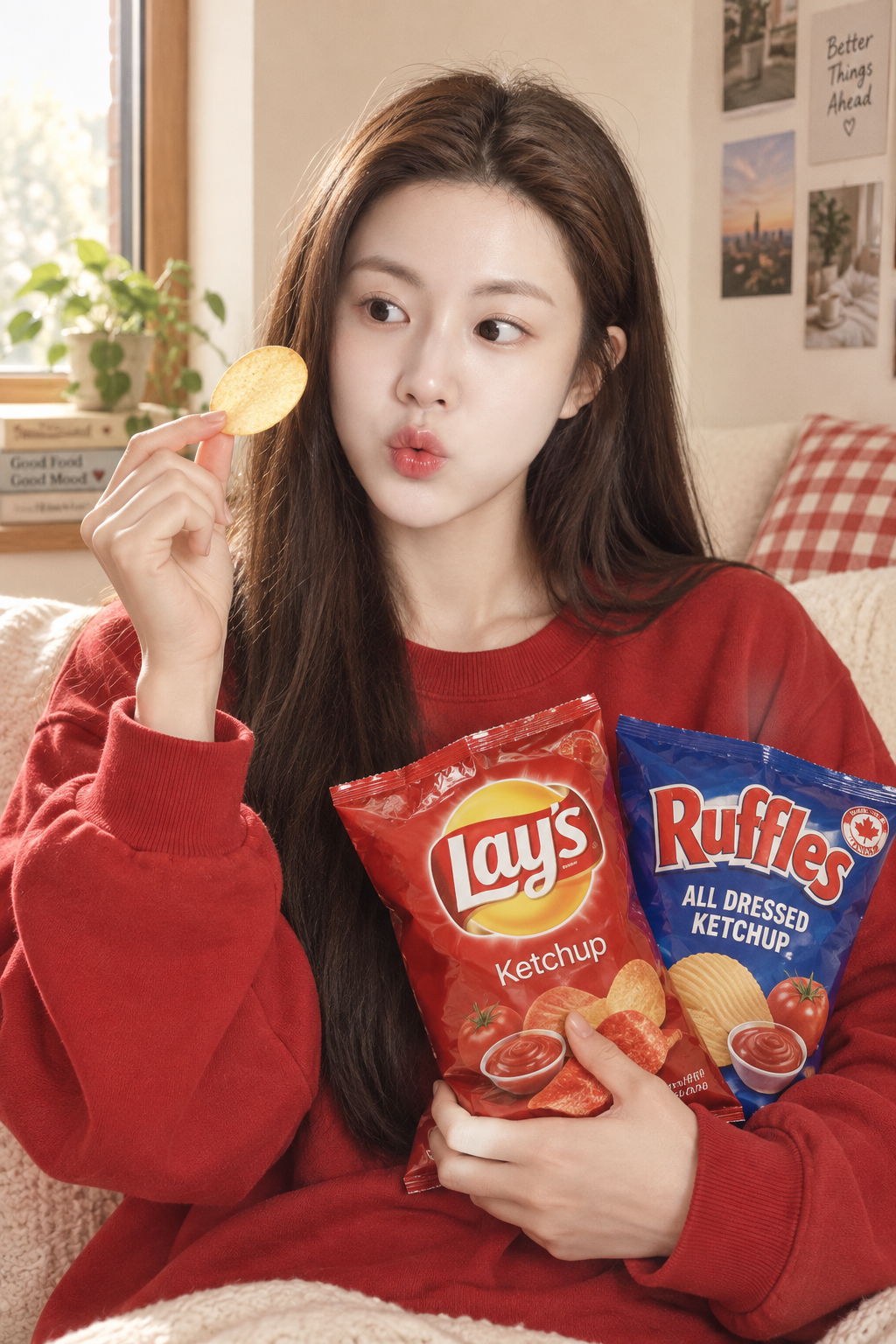 お菓子を持つお茶目な少女の室内リアルポートレート