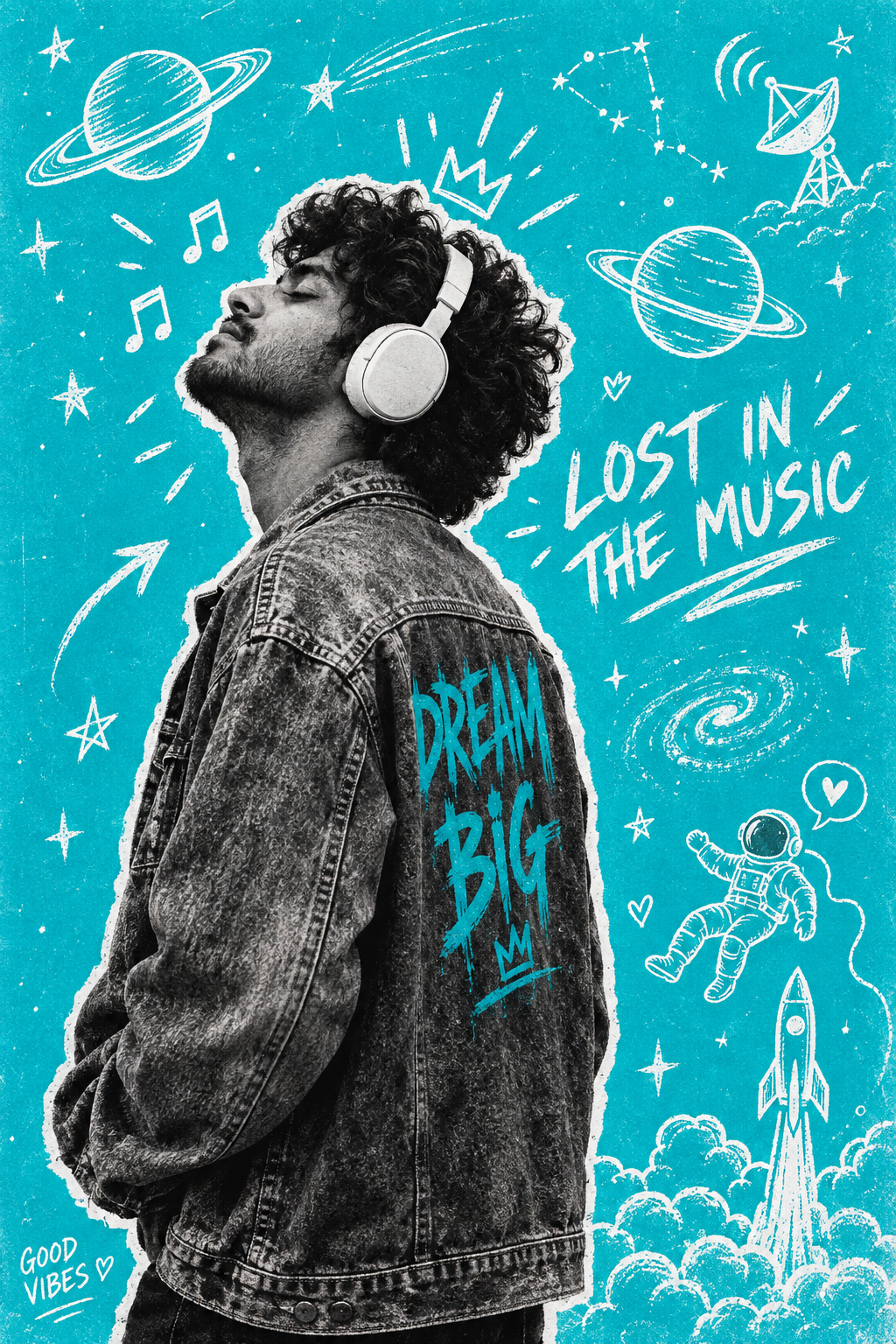 Affiche de musicien en noir et blanc sur fond cosmique de graffitis cyan