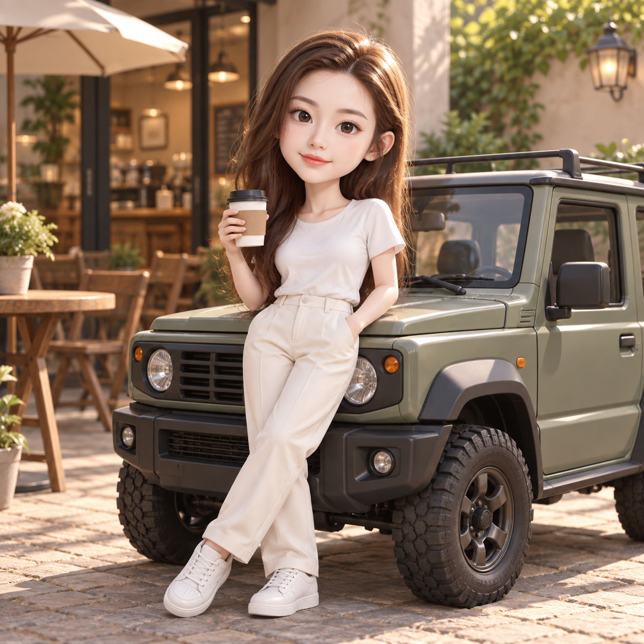 カフェの中庭にいるちびキャラとミニオフロード車