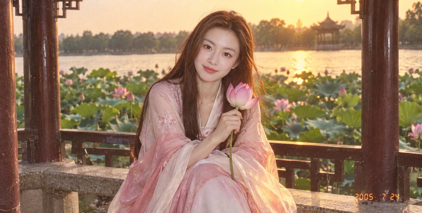 Xiaohongshu Hanfu Girl in Pink-White Gradient Wide-Sleeve Top by the Lake