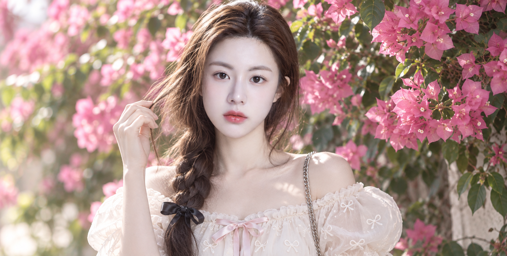 Portrait de femme adulte devant un mur de bougainvilliers rose onirique