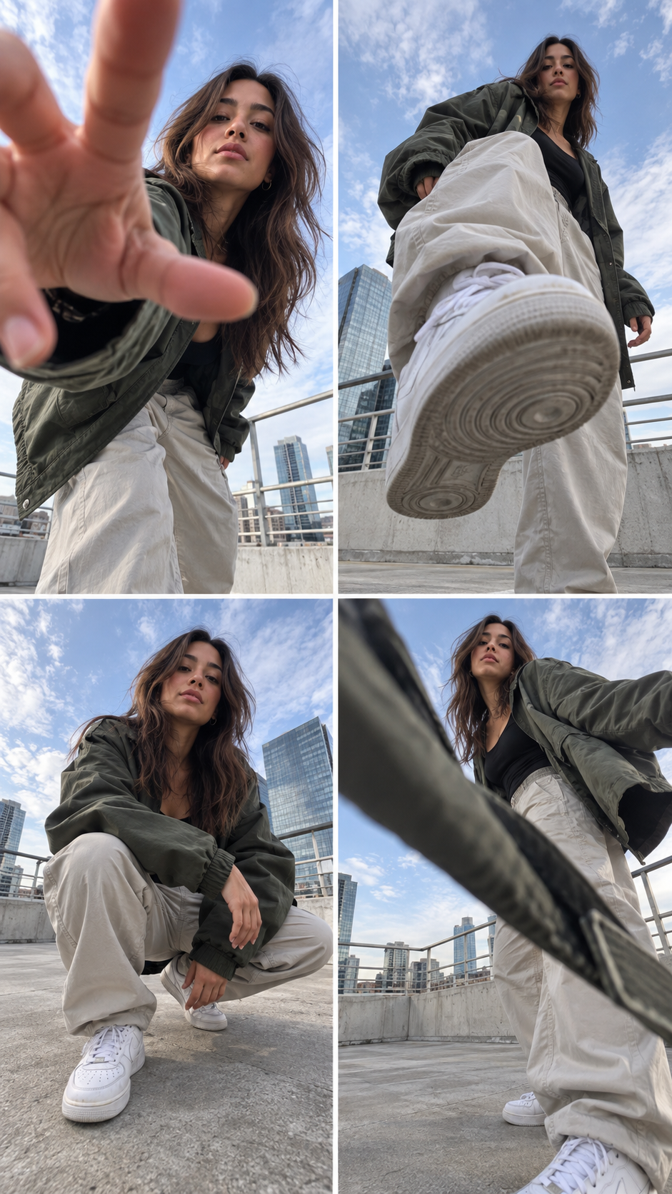 超広角の極低アングルで撮るストリートファッションポートレート写真のプロンプト