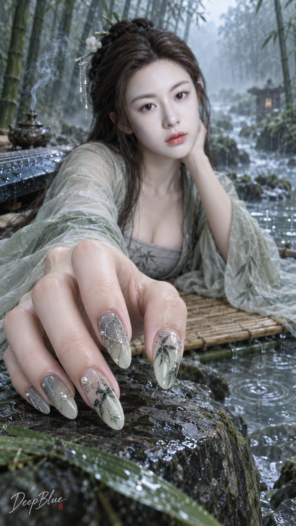 Portrait de style Wei-Jin au bord du ruisseau dans une bambouseraie avec ongles à l'encre