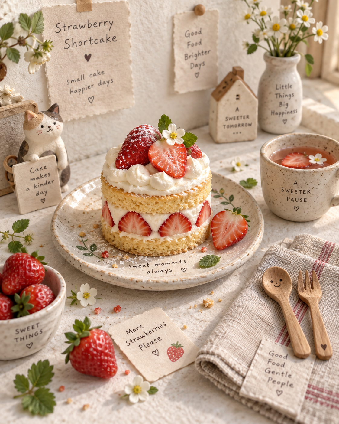 Scène miniature culinaire artisanale avec vaisselle en céramique