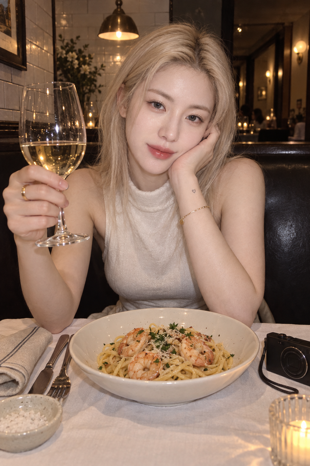 Blonde Adult Woman Toasting a Selfie at a Glimmering Dinner