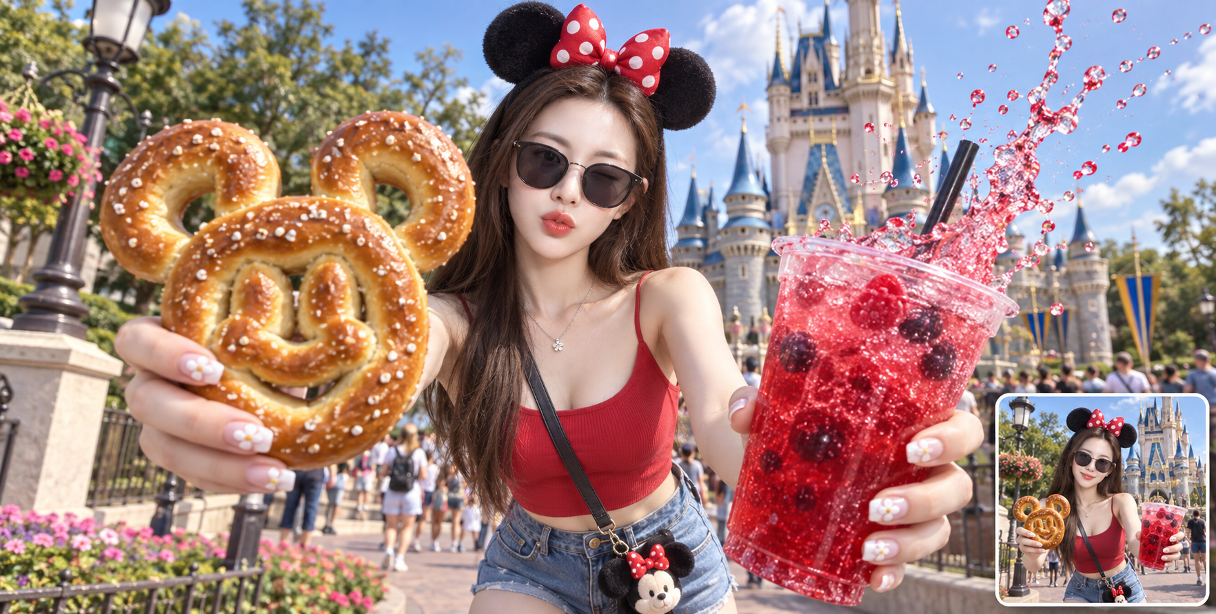 童話の城テーマパーク大人の旅行の強制遠近法写真