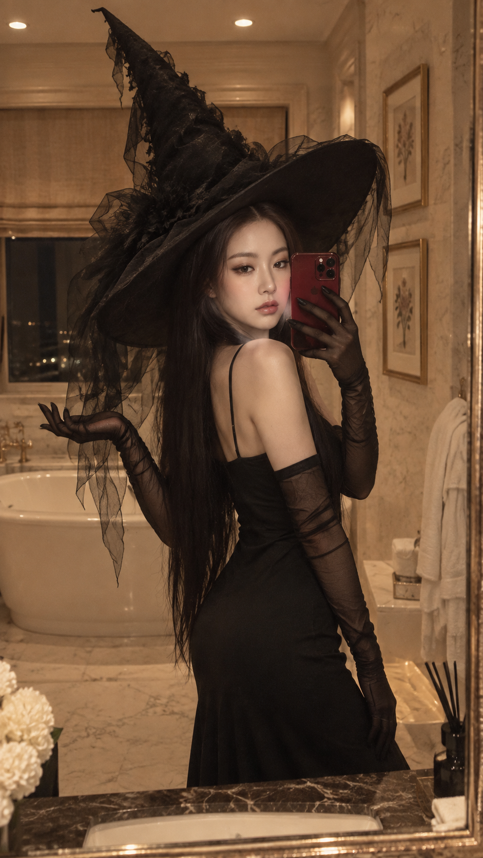 華やかなセレブが黒魔女に扮したハロウィンの鏡越し自撮り