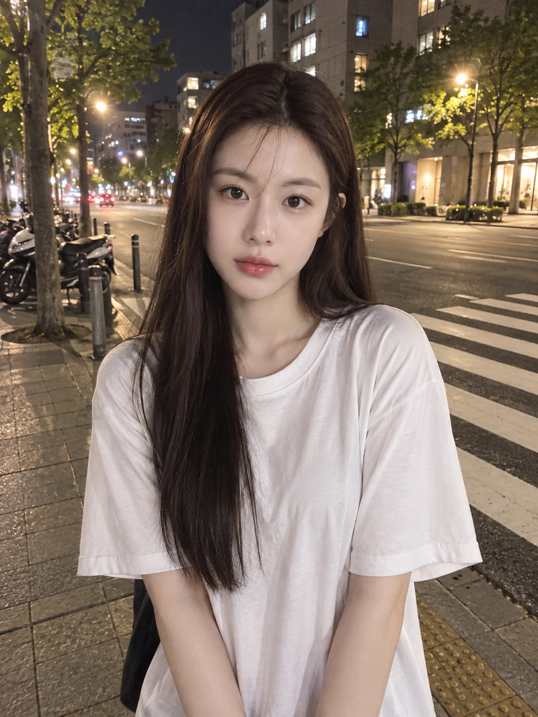 超写実的な深夜のスマホ街撮り日本人少女