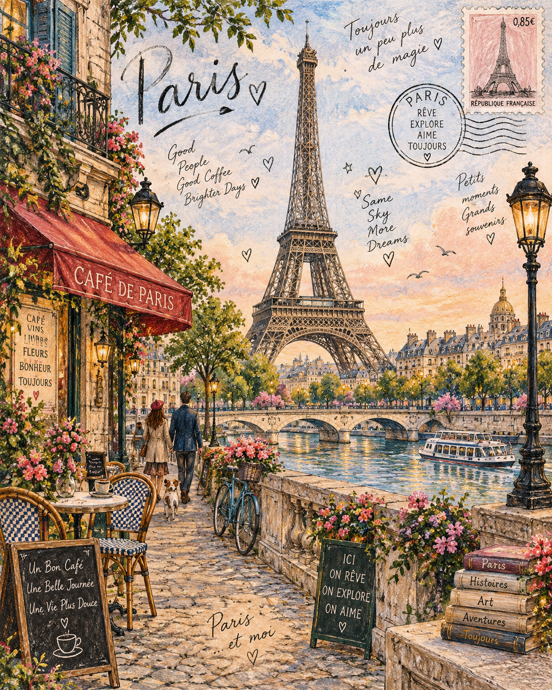 Scène de voyage dessinée à la main, style livre d'images européen vintage