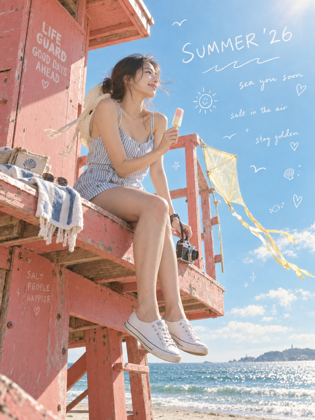 2026年真夏のピンクの救護塔と成人女性