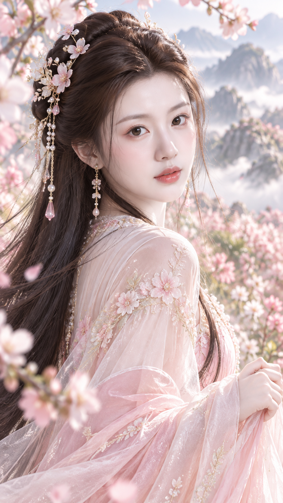 Realistic Retouched Portrait of a Springtime Female Lead in Ancient Xianxia Style