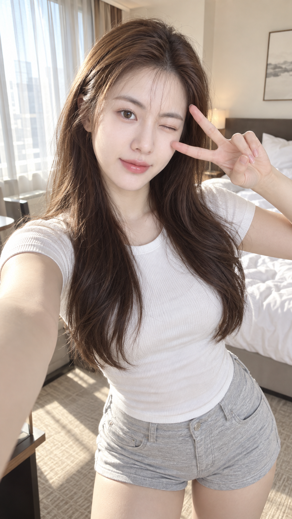 Portrait selfie au téléphone d'une femme est-asiatique adulte dans une chambre