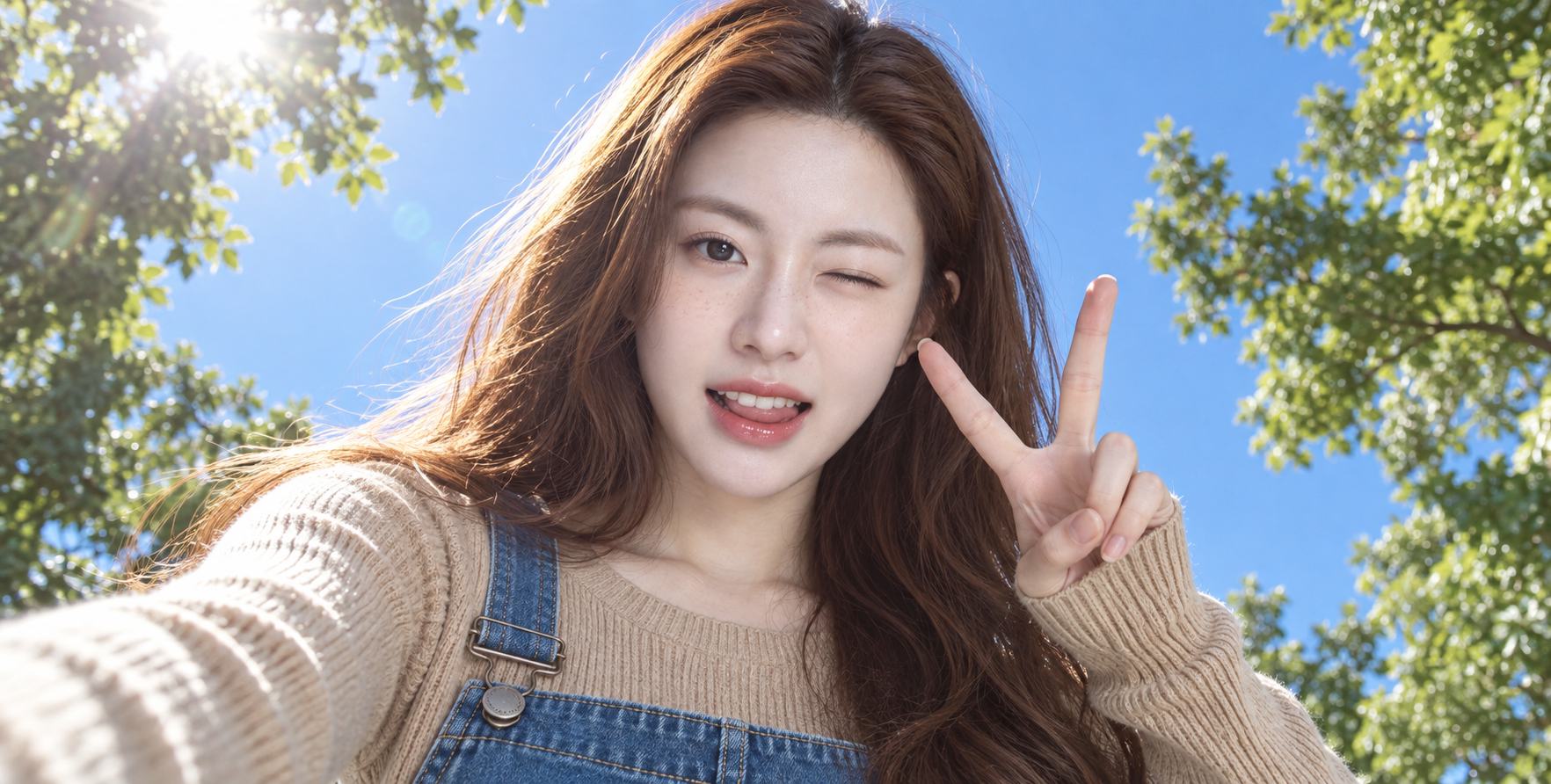 Chân dung selfie tinh nghịch ngoài trời của phụ nữ trưởng thành Đông Á, góc chụp từ dưới lên