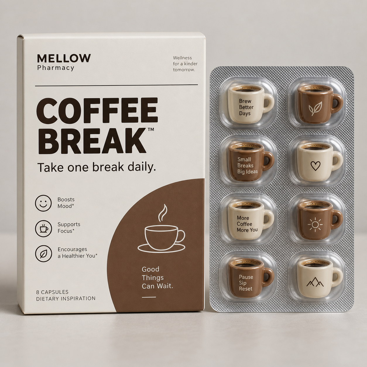 COFFEE BREAK : packaging conceptuel façon pharmacie fictive