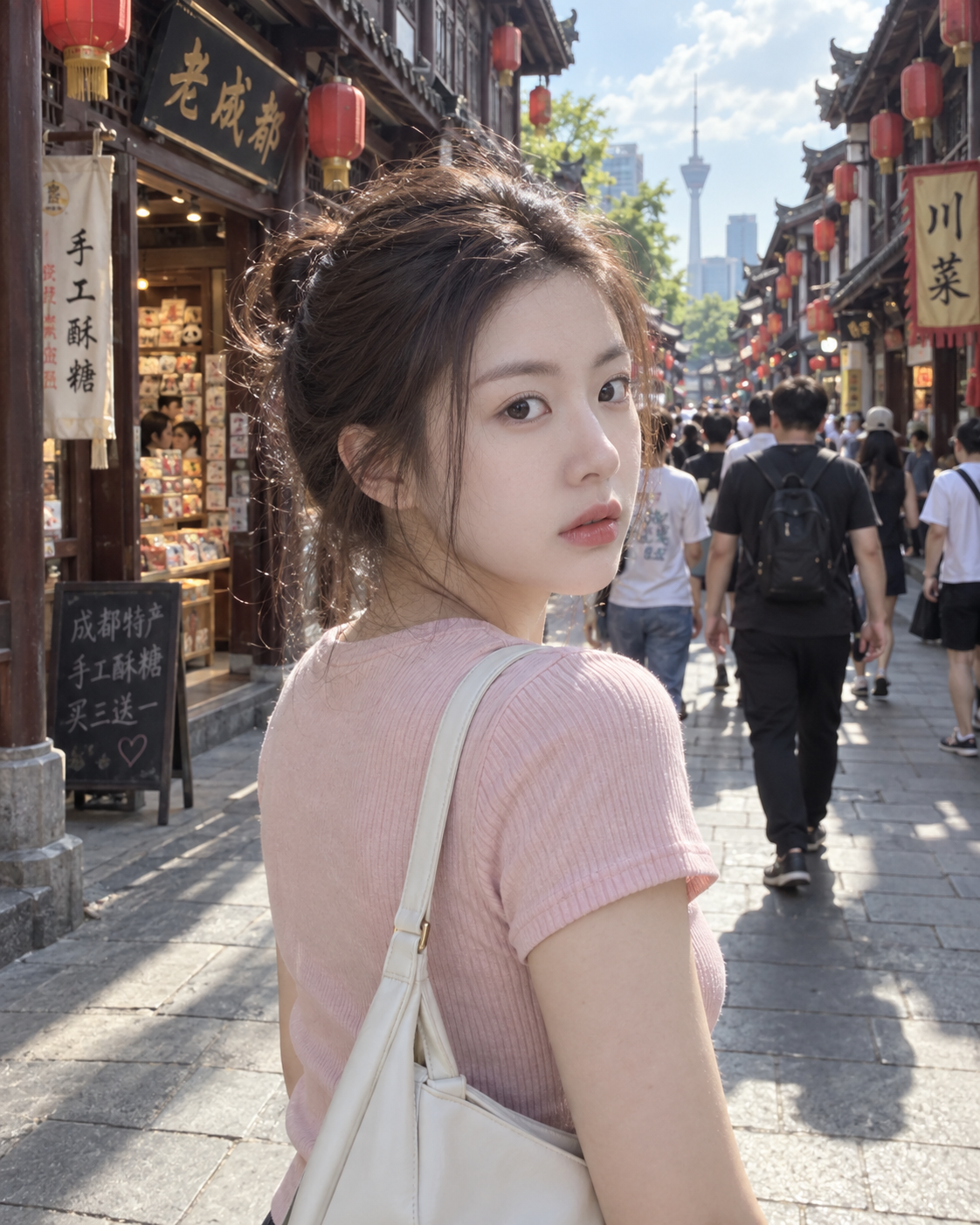 繁华古街回头一瞥的东亚女性