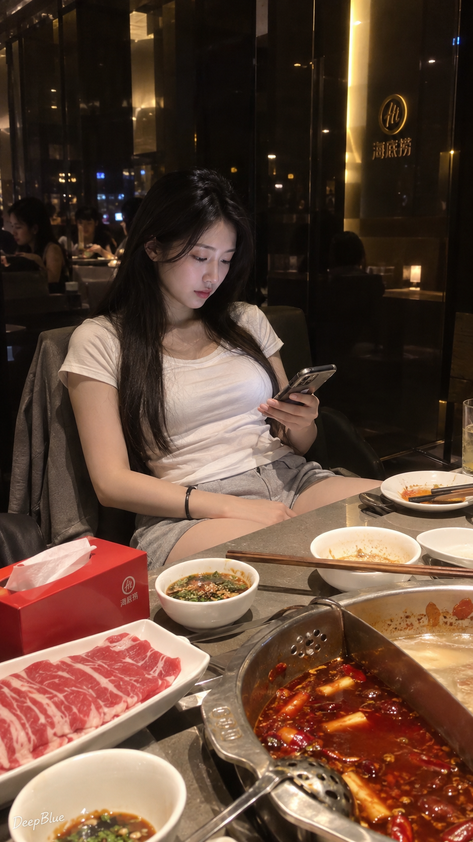 深夜の海底撈火鍋店でスマホをいじる東アジアの成人女性