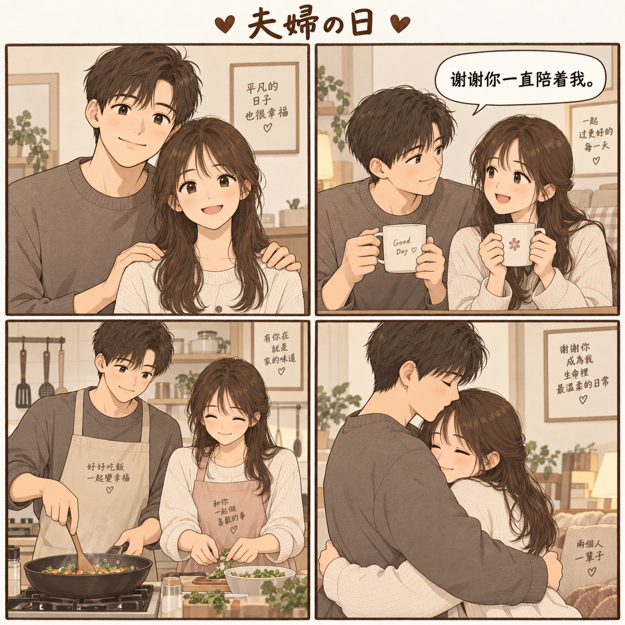 日本の温かい癒し系四コマ漫画の手描き風
