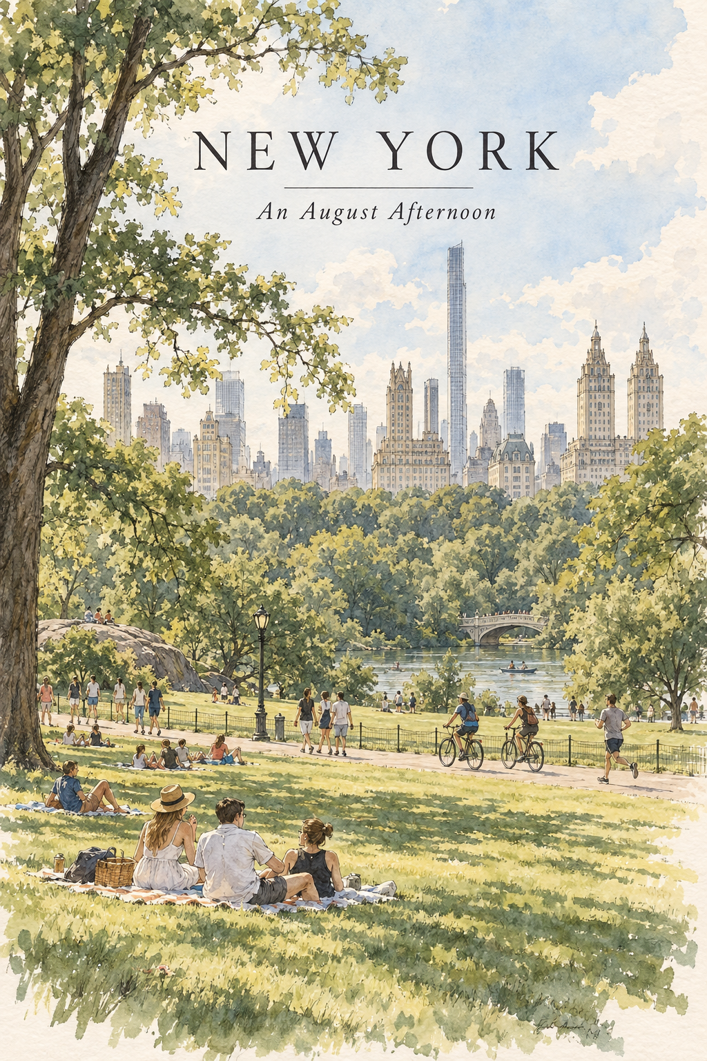Affiche de croquis urbain d'un après-midi d'août à Central Park, New York