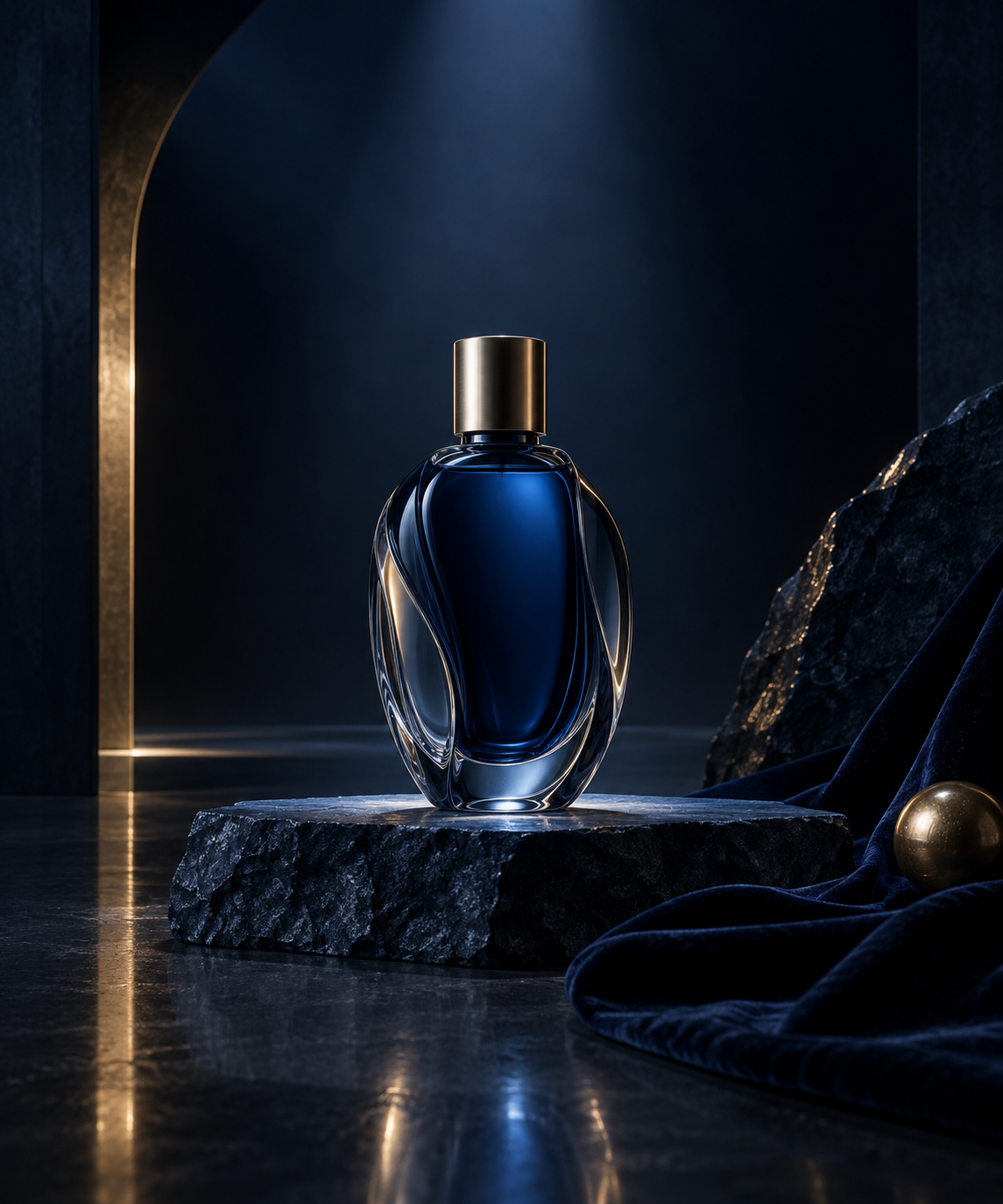 Midnight Blue Sculptural Glass Perfume Bottle Still Life Ad