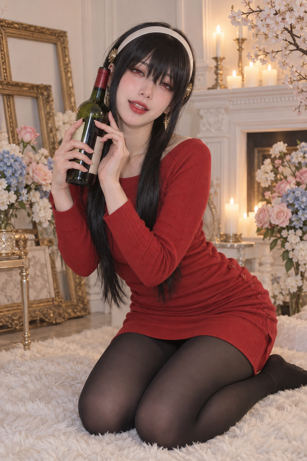 ヨル・フォージャー大人キャラの赤いドレスでほろ酔い室内ポートレート