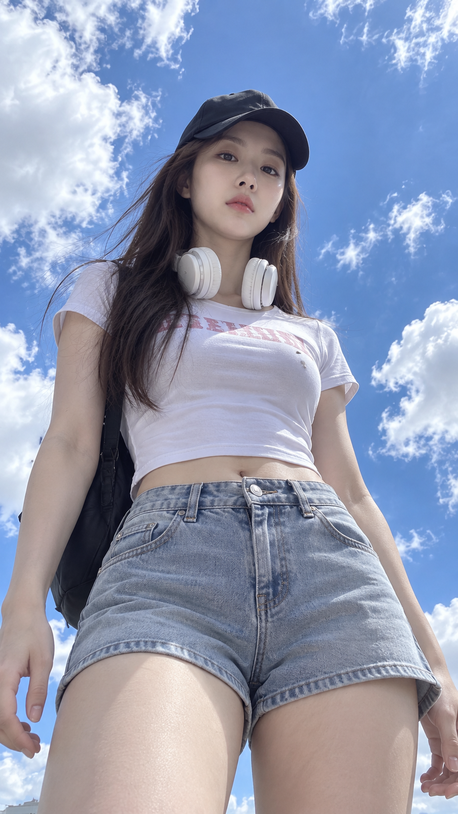 極端なローアングルの夏のストリート風、青空と白い雲
