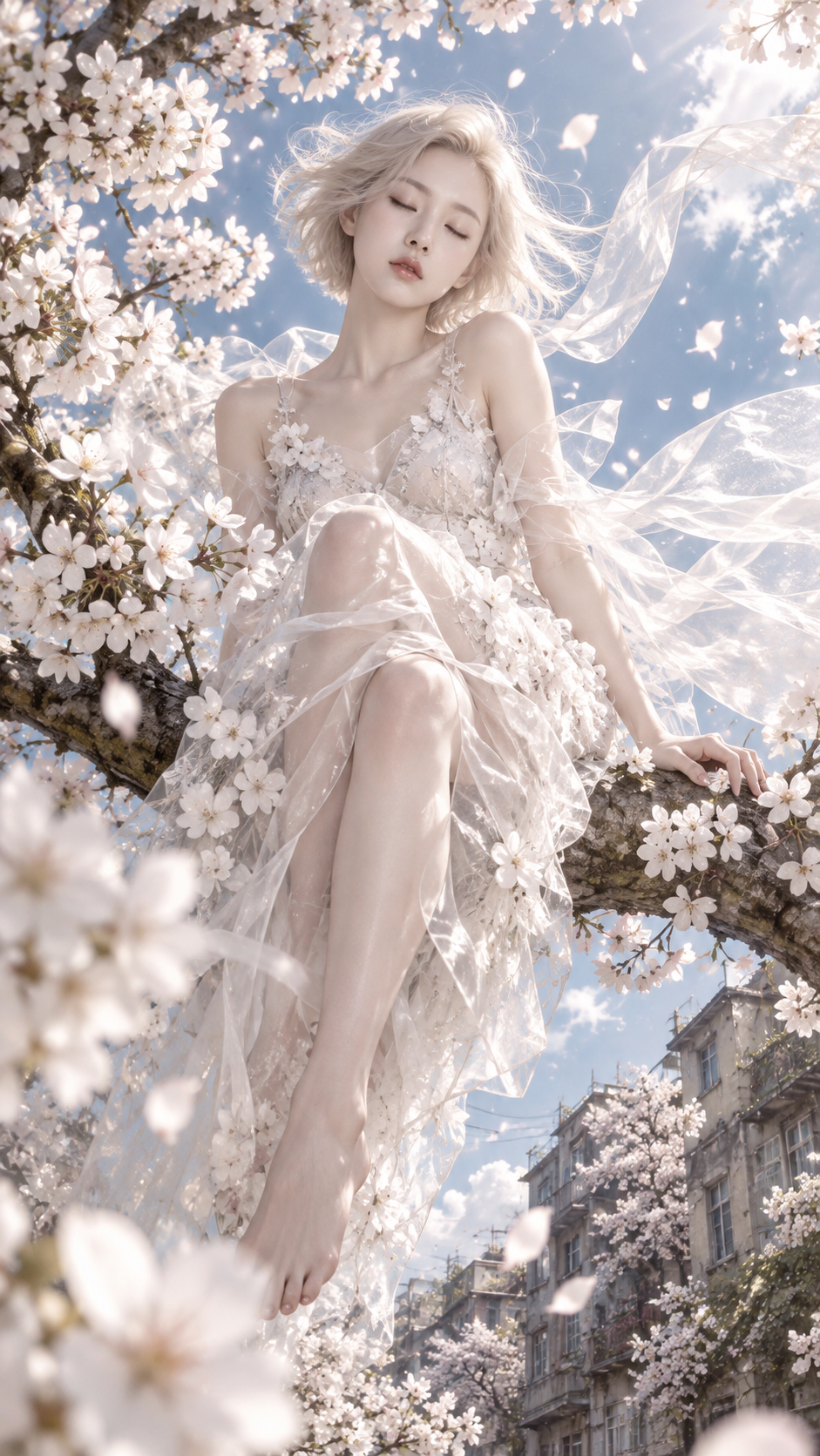 Photographie de mode surréaliste et romantique d'une fée des cerisiers en fleurs