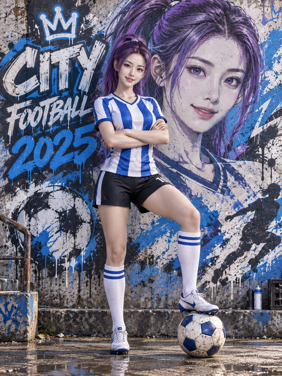 Affiche de street-art footballistique fictive aux cheveux violets