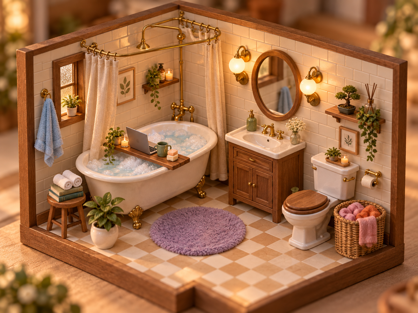 Mô hình 3D isometric phòng tắm Nhật Bản thu nhỏ ấm áp