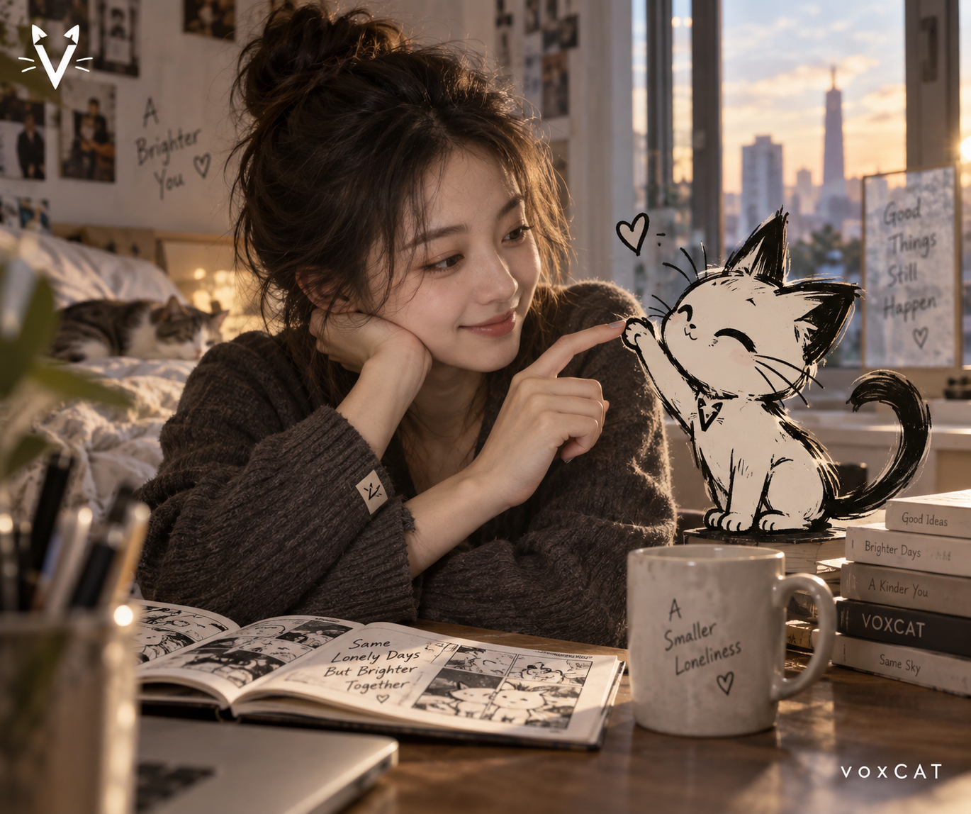 実写写真と手描き線画キャラクターのブランドイラスト