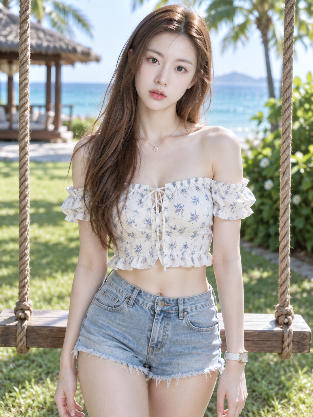 海边秋千花卉图案写实人像