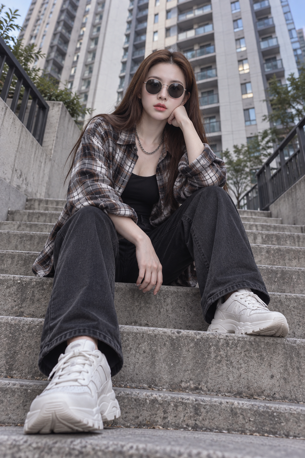 都市の階段でのローアングル成人女性全身ファッション写真
