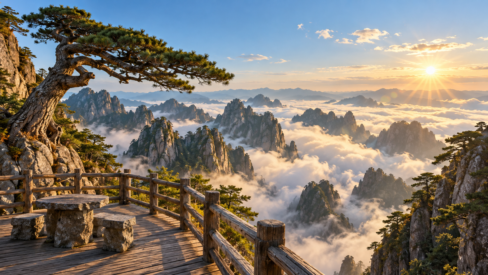 Photographie réaliste d'un paysage féerique de mer de nuages en haute montagne style Huangshan