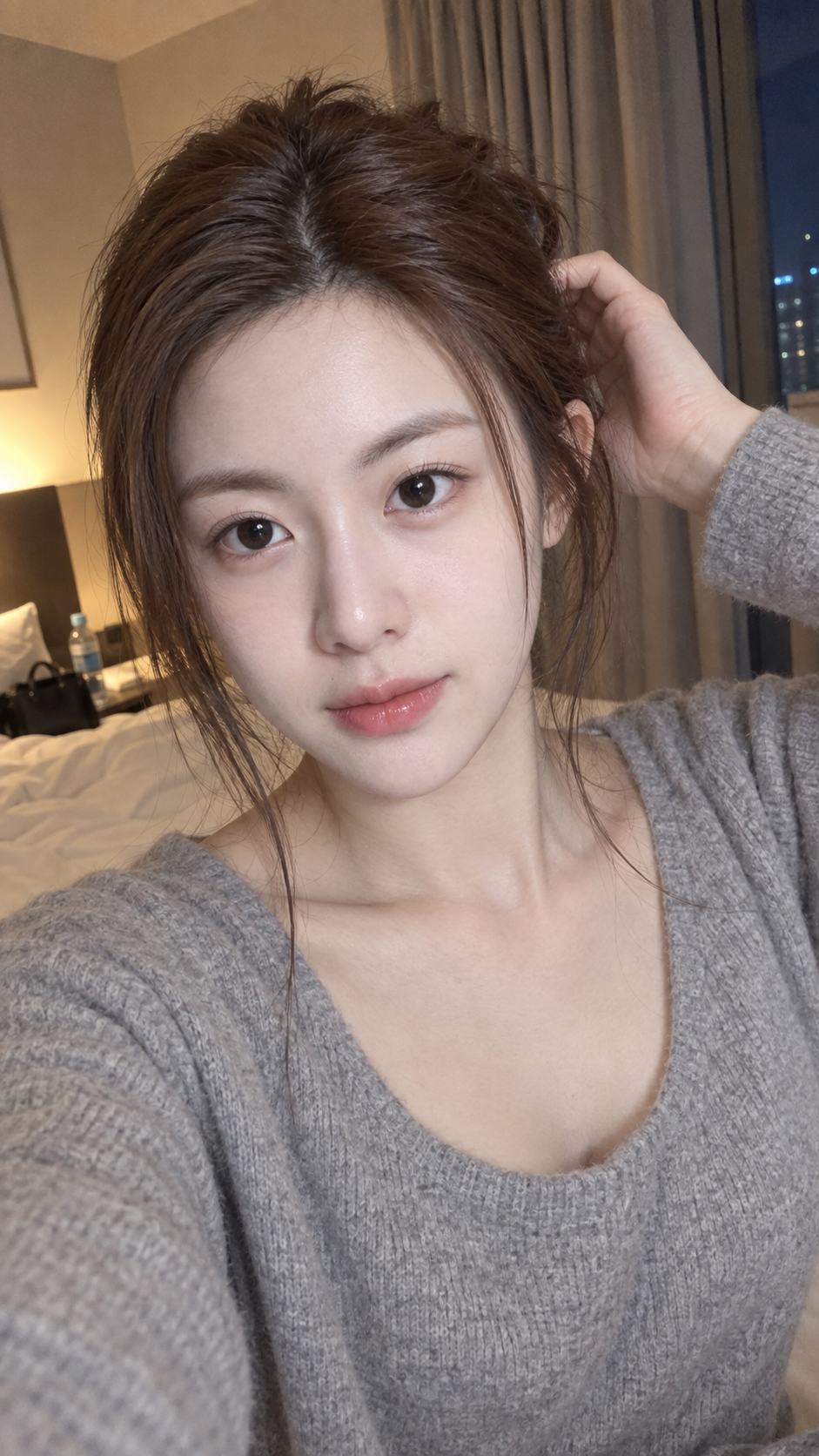 Cận cảnh selfie của phụ nữ Nhật trưởng thành bên giường khách sạn