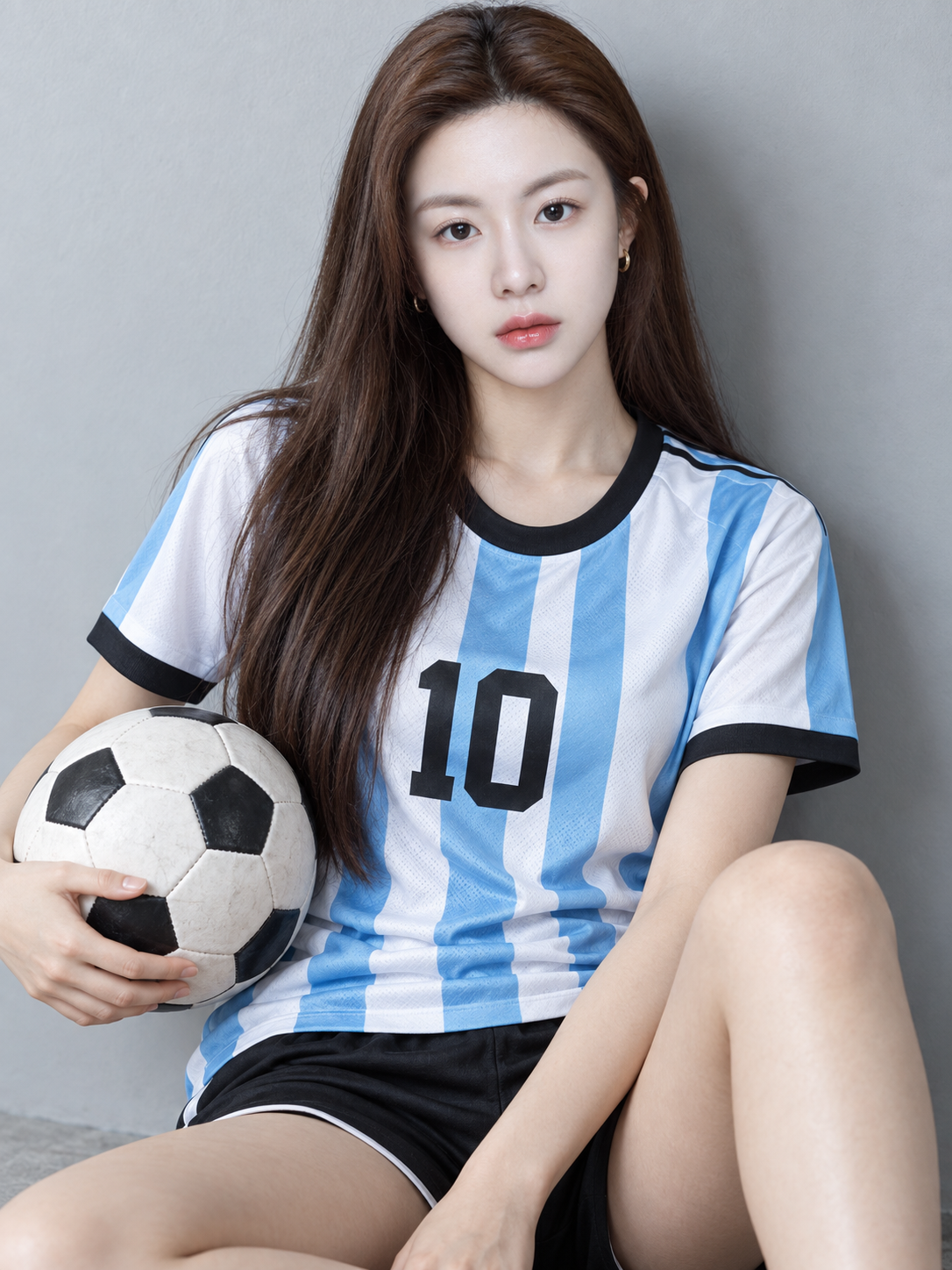 アルゼンチン10番ユニフォームを着た東アジア女性の超写実的スポーツポートレート