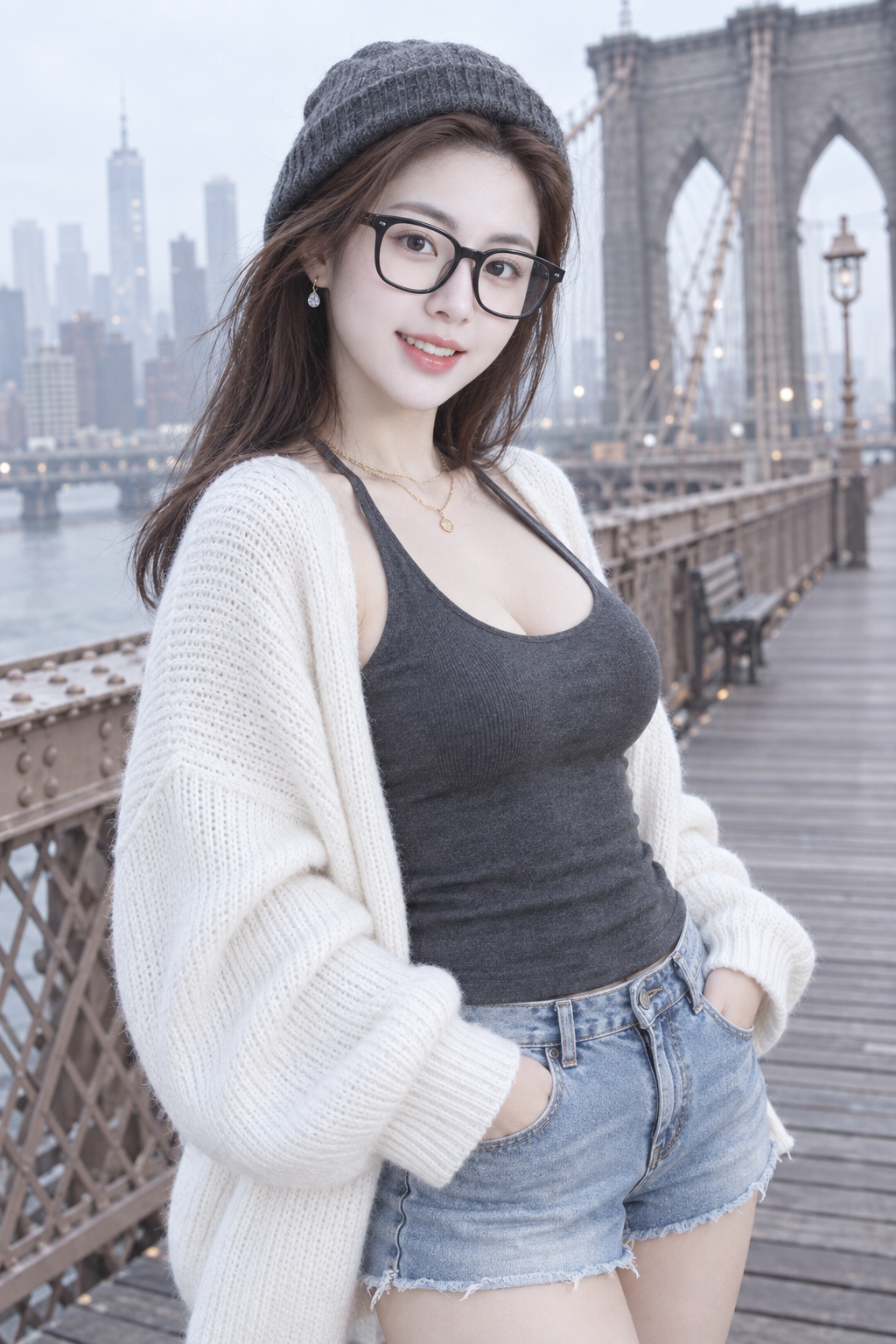 Japanese-style atmospheric girl portrait under Brooklyn Bridge, New York