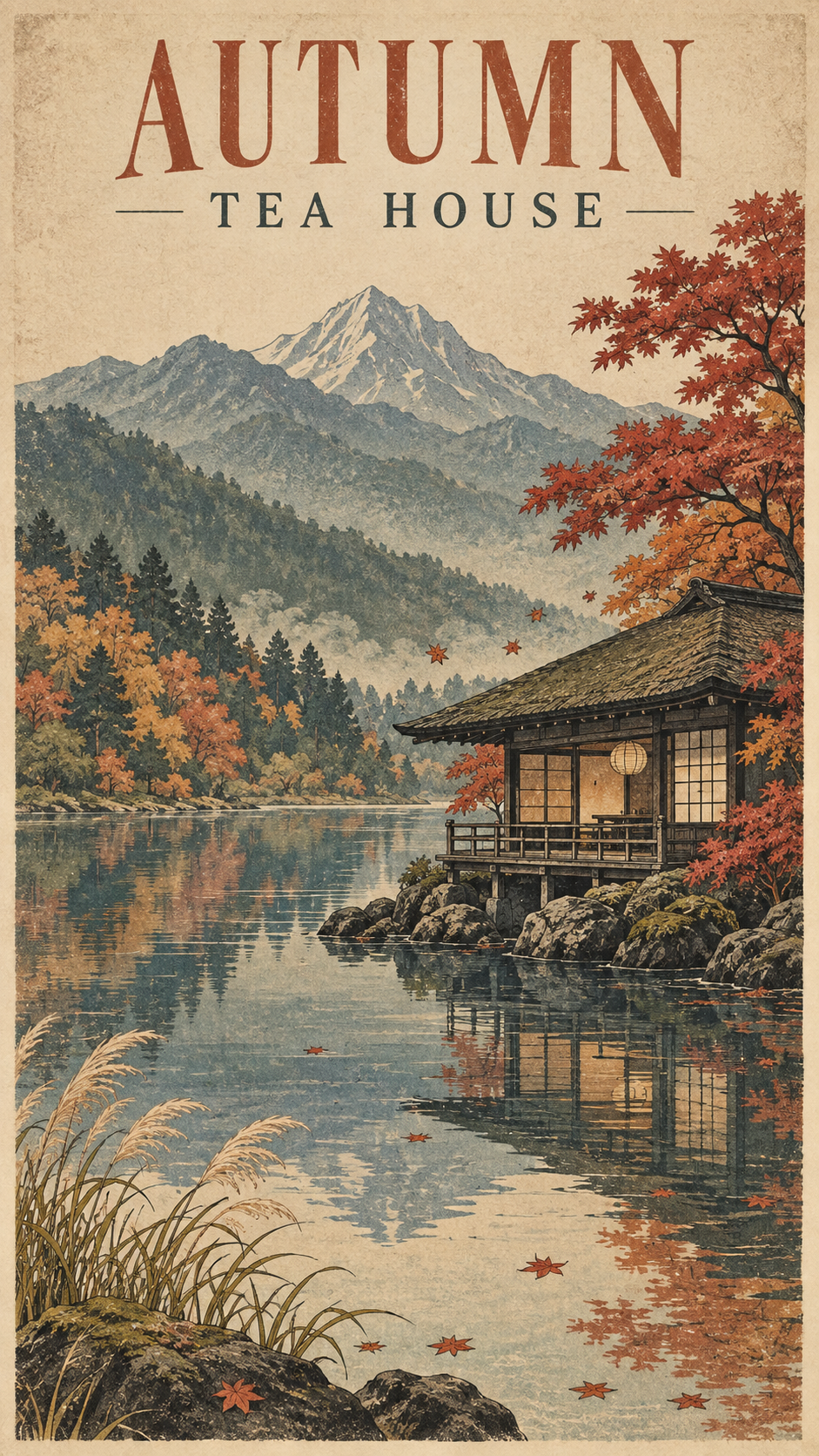 Affiche vintage dessinée à la main d'une maison de thé au bord du lac en automne