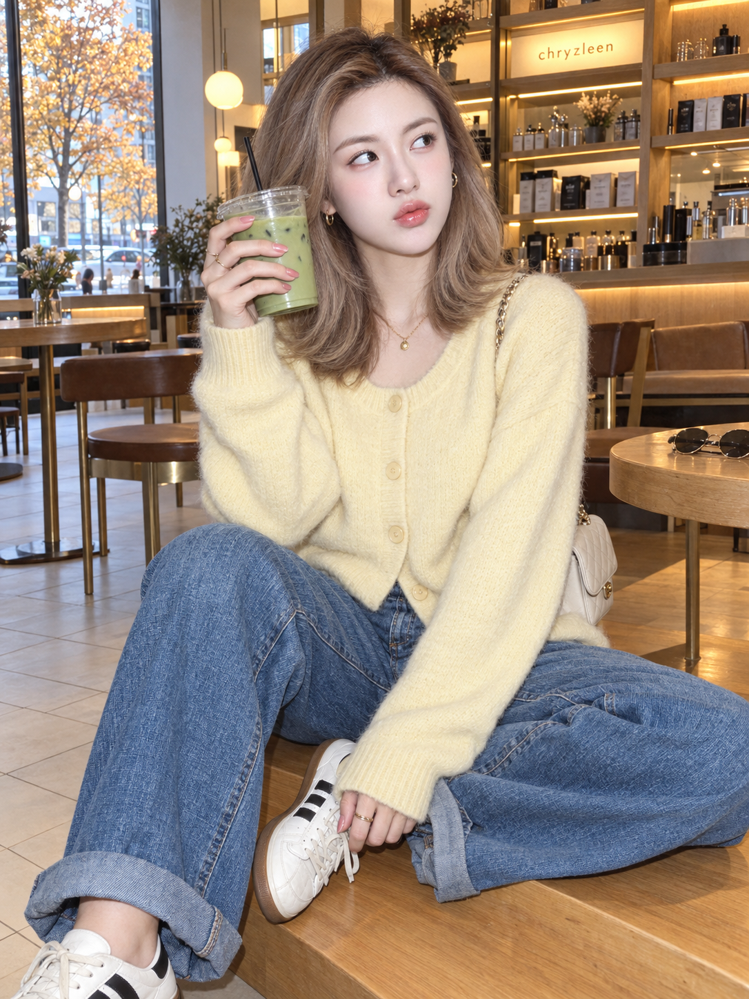 秋のカフェで座る大人女性のY2Kキラキラファッションポートレート