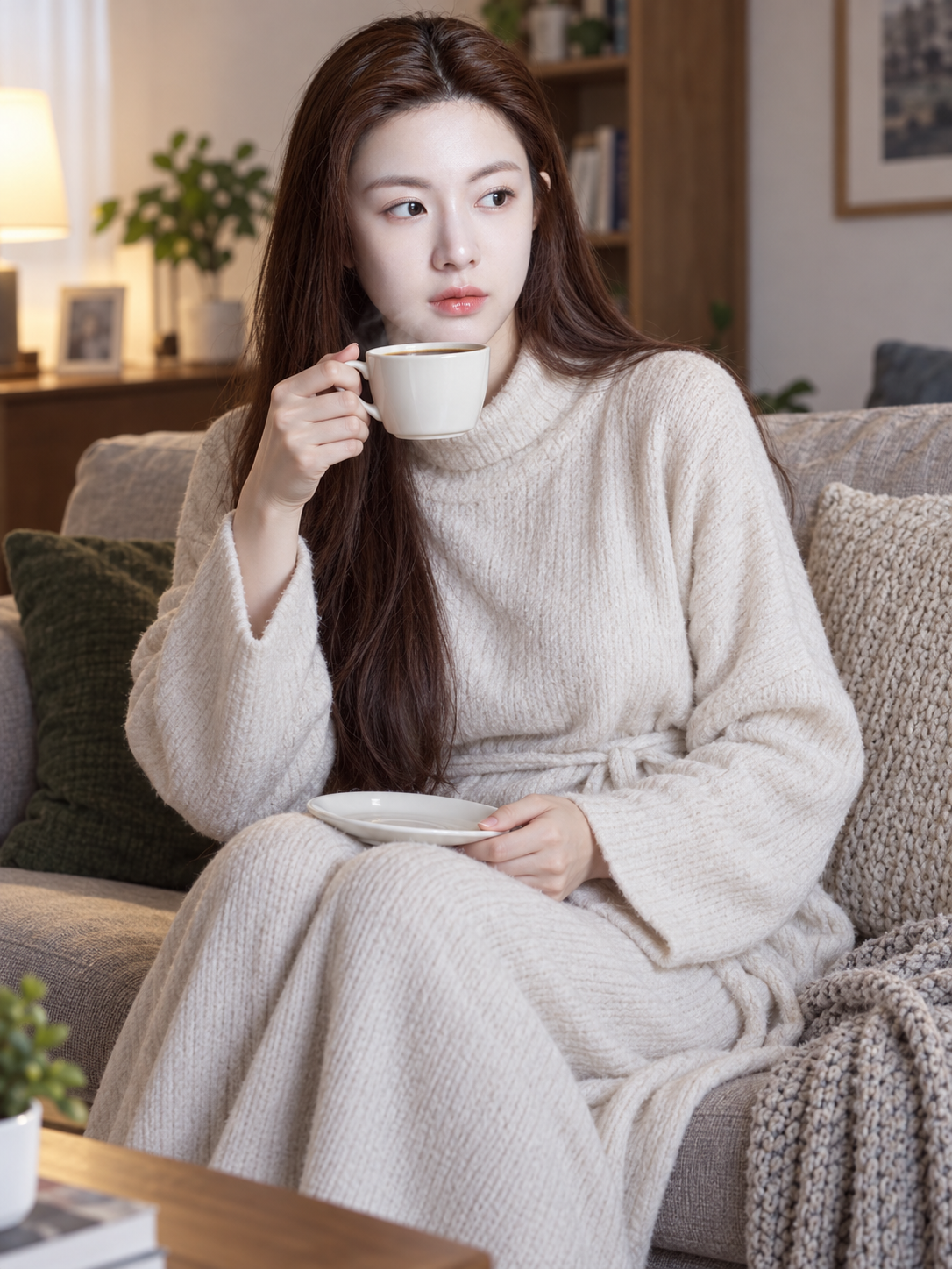 Ảnh chân dung phong cách phụ nữ trưởng thành uống cà phê trên sofa
