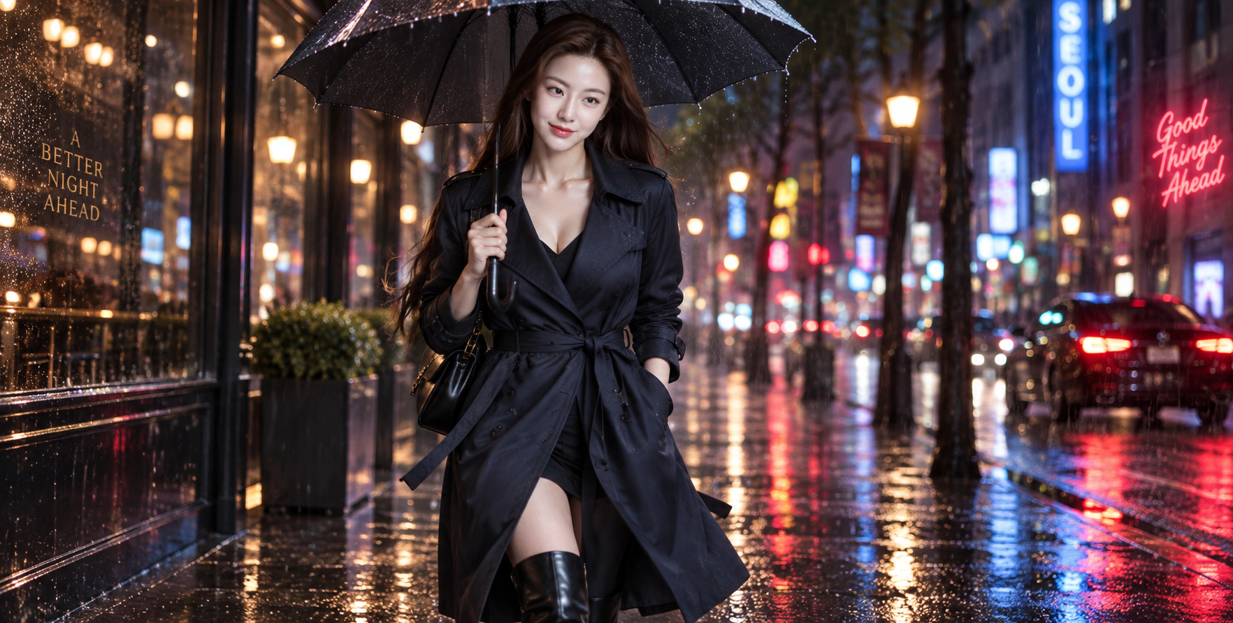 ネオン雨の夜、トレンチコートで歩く都会のファッション