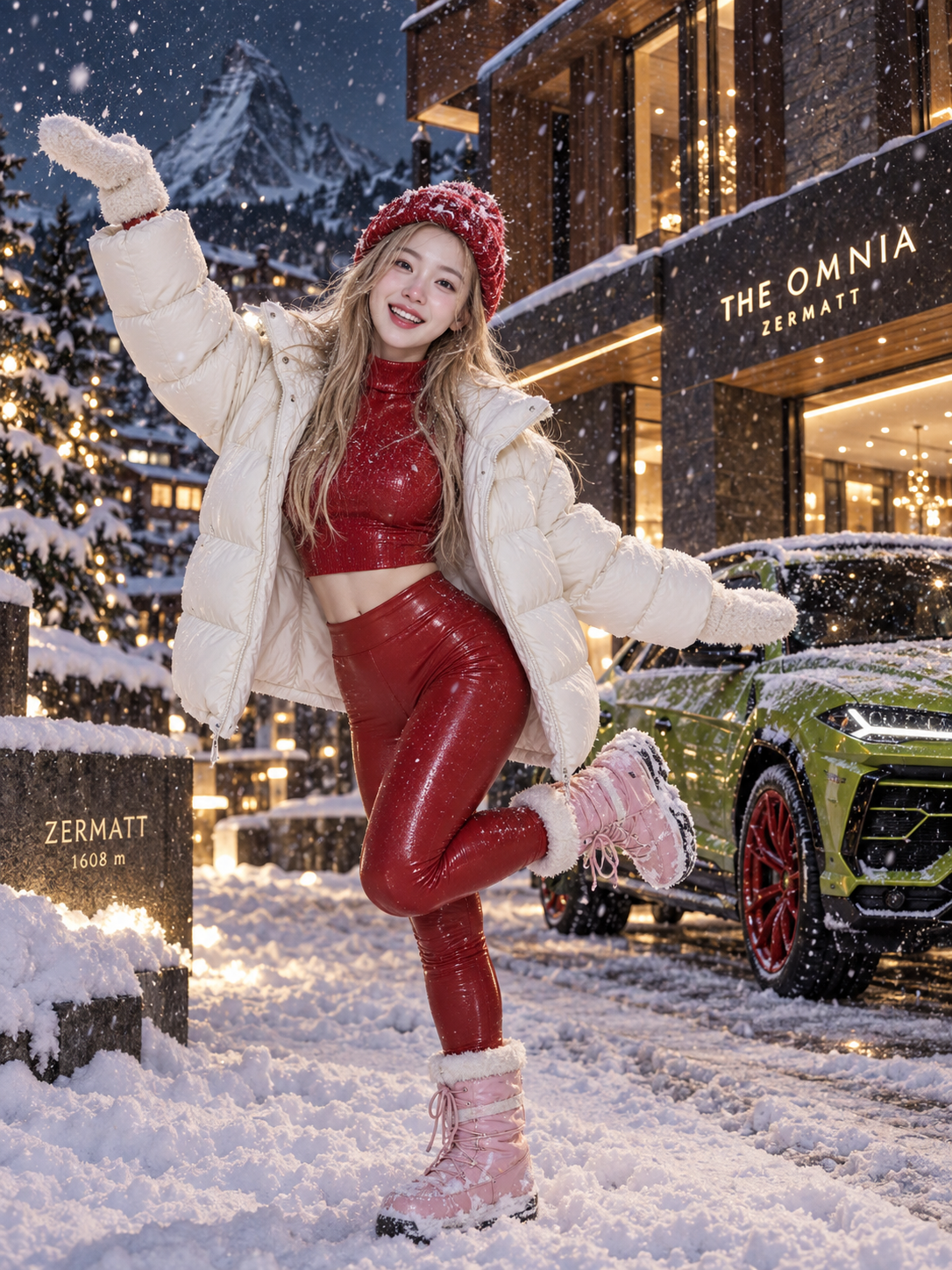 Joyful Dance of a Girl in Red Beside a Lamborghini on a Snowy Night