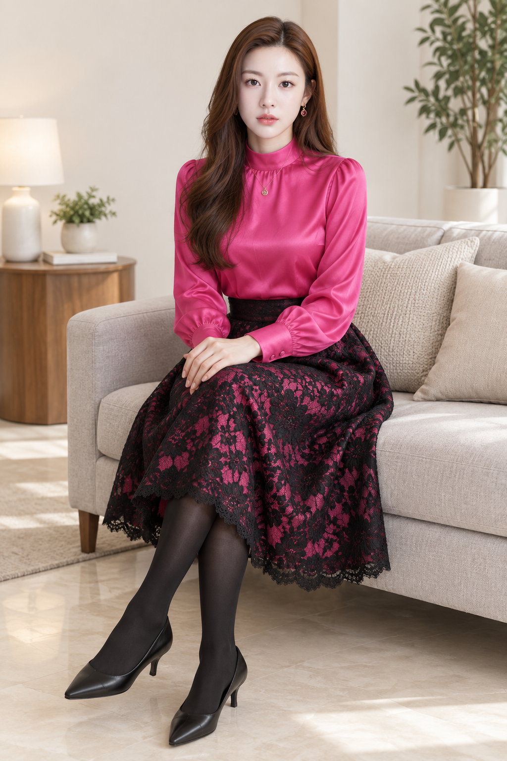Fashion portrait of an adult East Asian woman with pink lace details