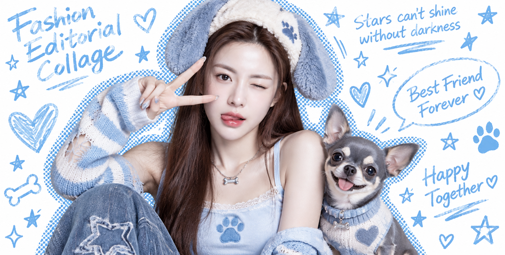 Collage de mode Y2K soft pop bleu-gris avec chihuahua