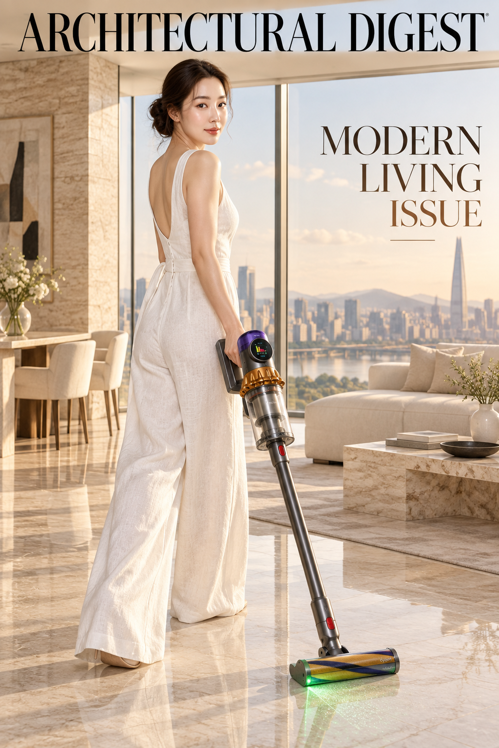Couverture de magazine minimaliste et luxueuse d'une femme coréenne avec un aspirateur Dyson