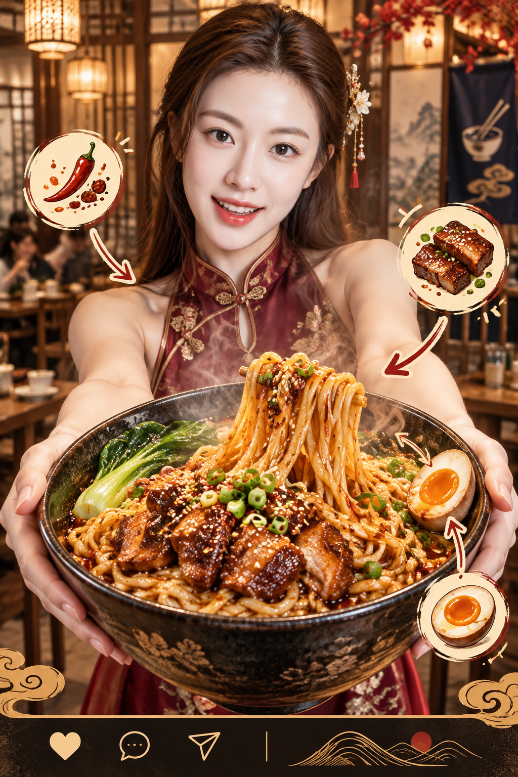唐風の美女が麺の器を持つ高級ビジュアルポスター